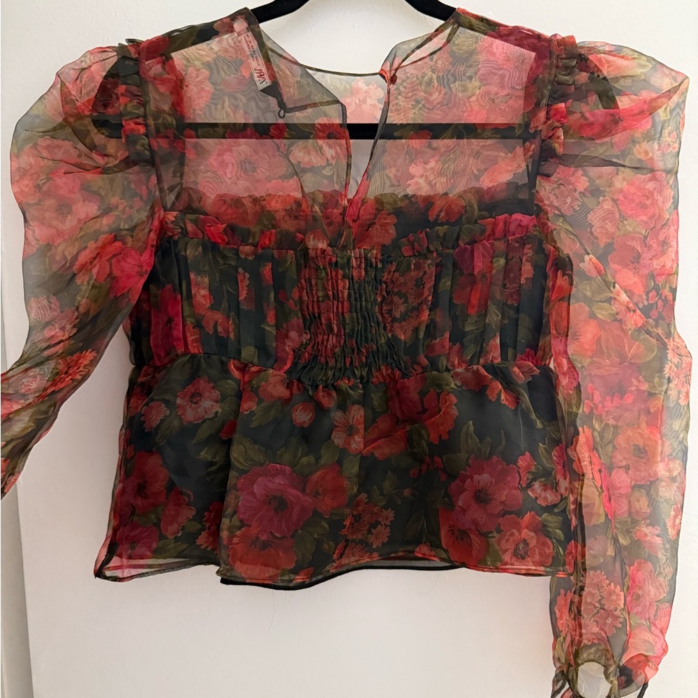 Zara Floral Sheer Women's Top - Red and Black